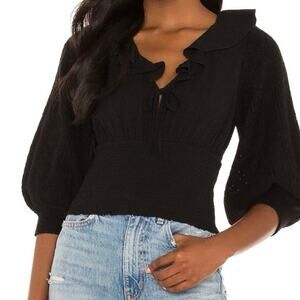 Free People Black Cottagecore Ruffle Peplum Smocked Waist Balloon Sleeve Top M
